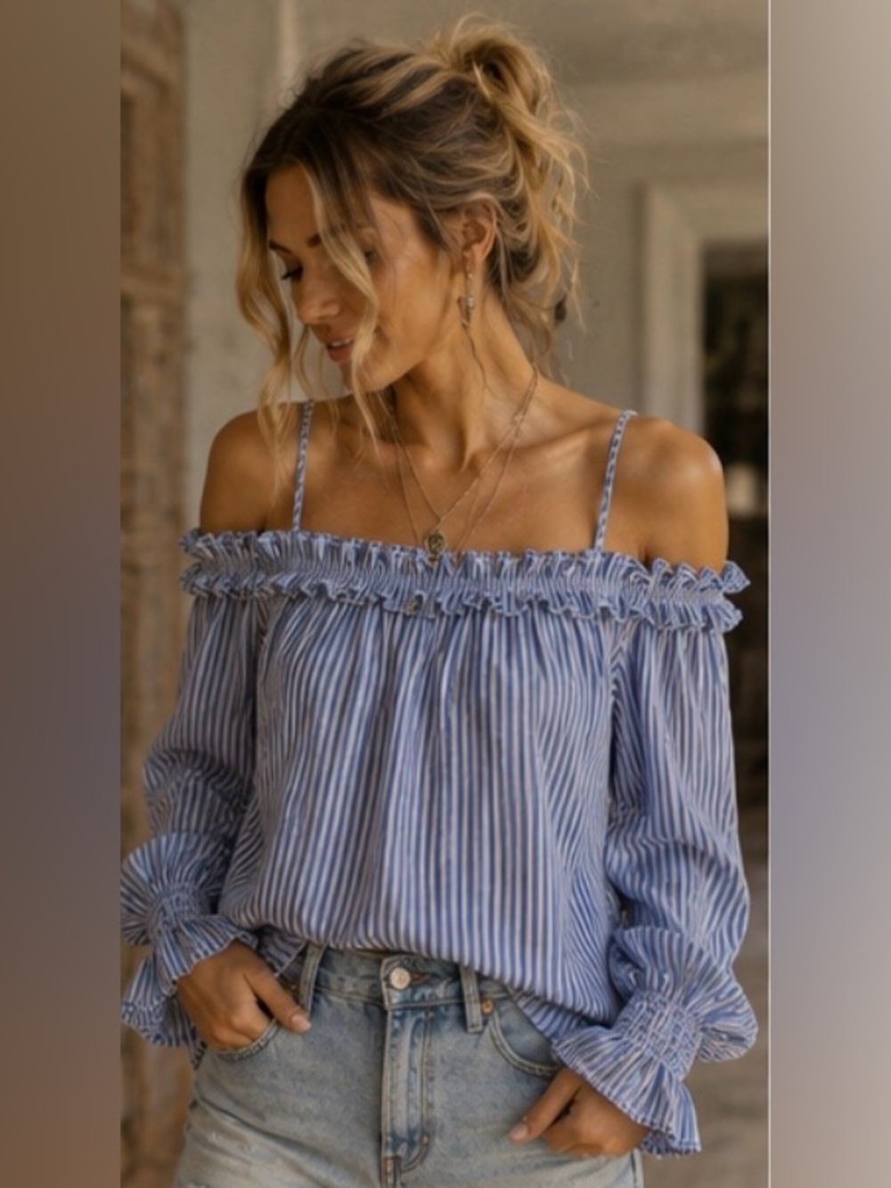 Coastal Boho Off Shoulder Stripe Top | Blue & White Ruffle Blouse